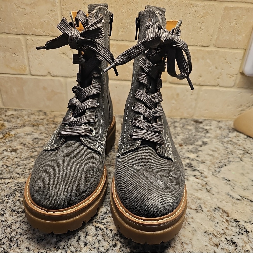 Sun Stone Womens Ankle Boots Size 8.5M Gray Denim Heavy Canvas Side Zip Lug Sole